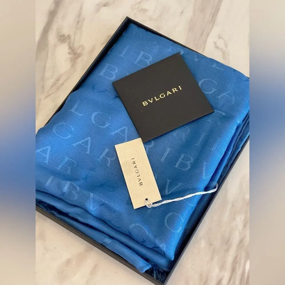 Bvlgari Blue Silk Wool Logo Scarf – 70” x 30” – Made in Italy NWT